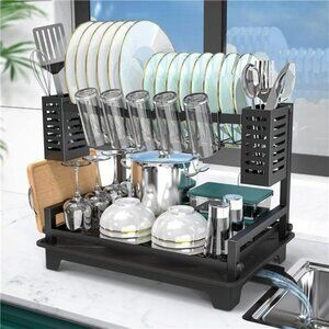 2 Tier Dish Drying Rack with Drainboard Utensil Holder for Kitchen Counter